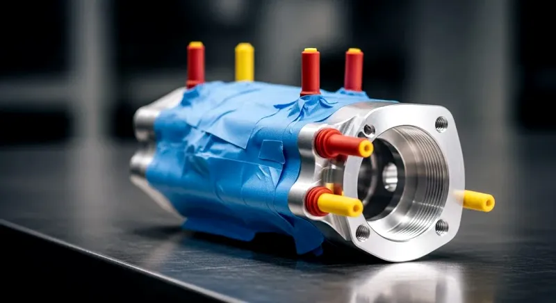 Machined aluminum component masked with blue polyester tape and red and yellow silicone plugs before anodizing at West-Tech Finishing