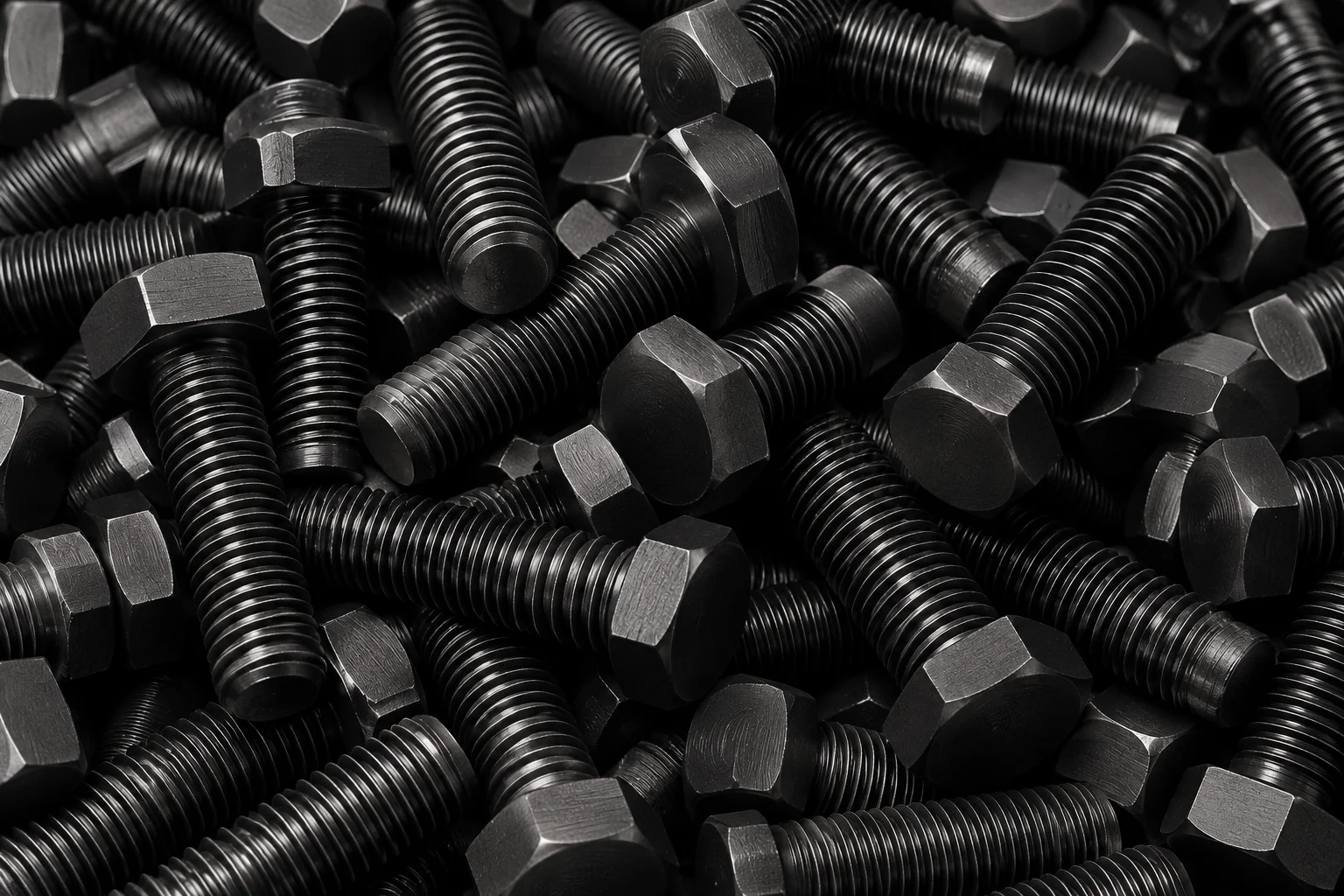 Black oxide-finished hex-head steel bolts with threaded shanks