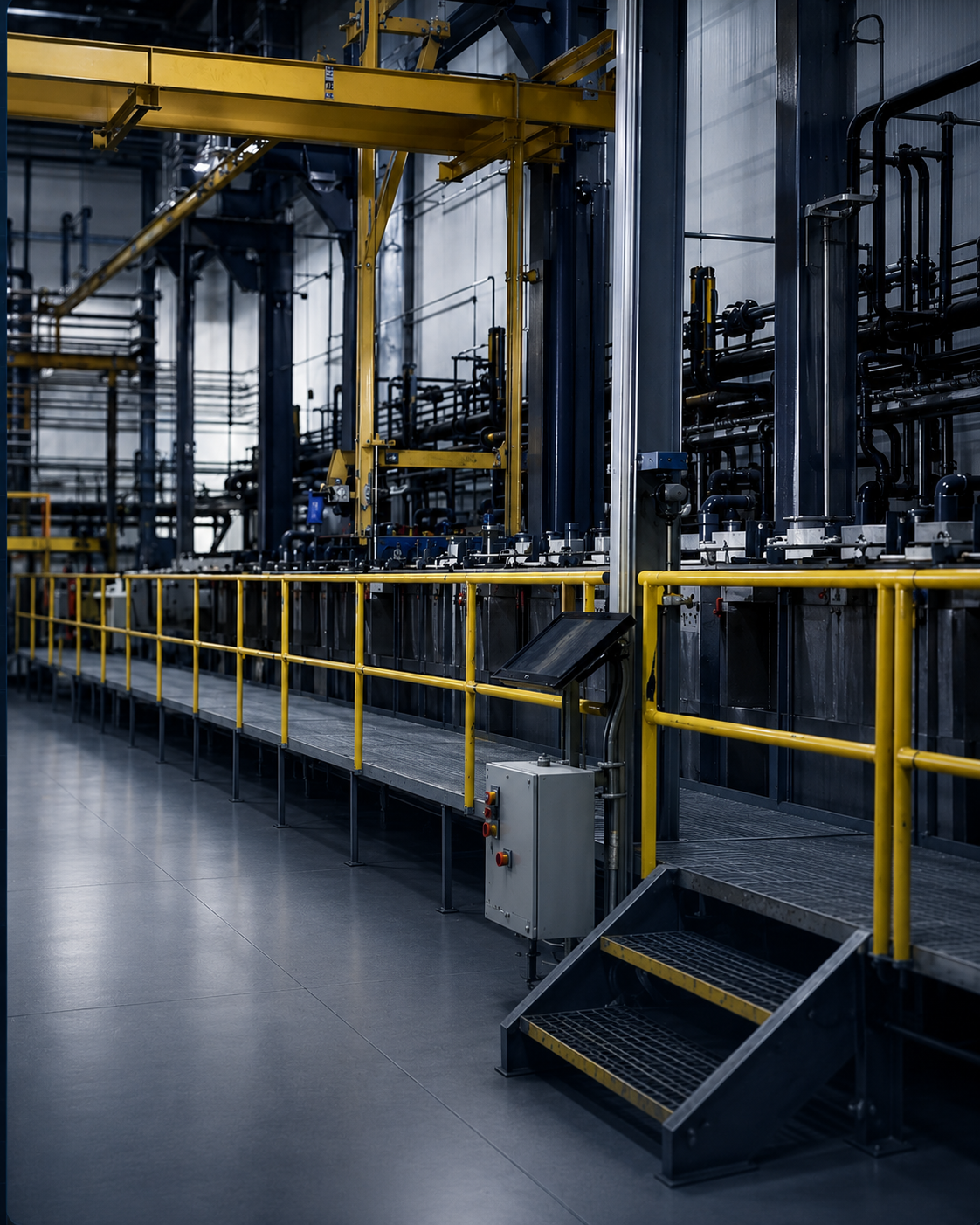 West-Tech anodizing facility interior showing processing tanks, yellow safety railings, and overhead crane system