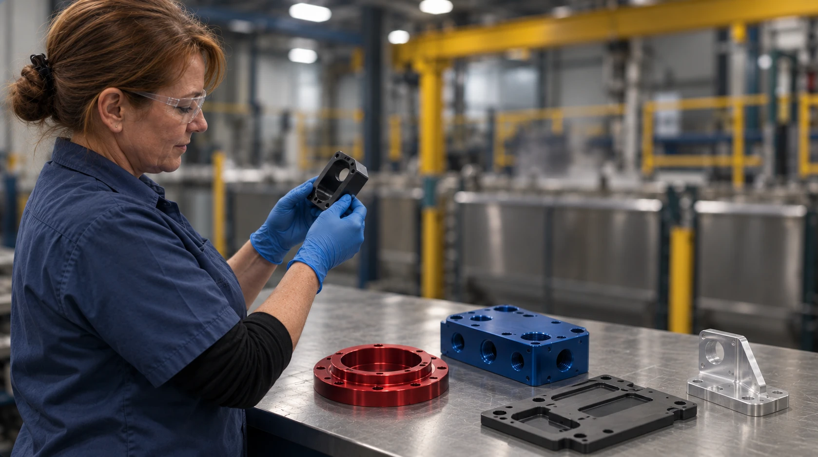 Technician inspecting an anodized aluminum component beside red, blue, black, and clear finished parts