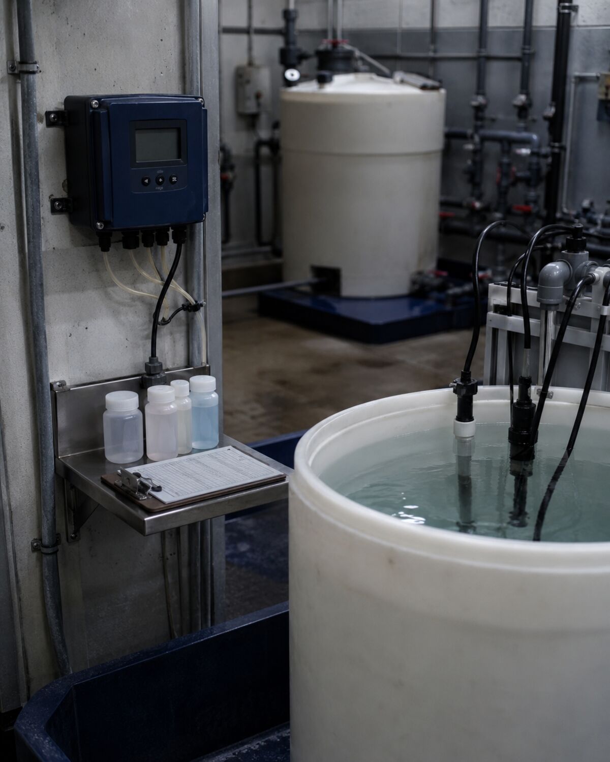 Industrial water treatment tank with monitoring probes at the West-Tech facility
