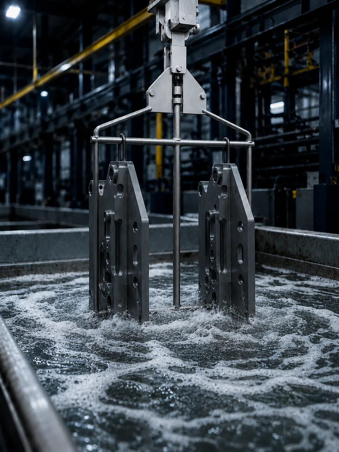 Aluminum parts racked above the sulphuric anodizing process tank at West-Tech Finishing