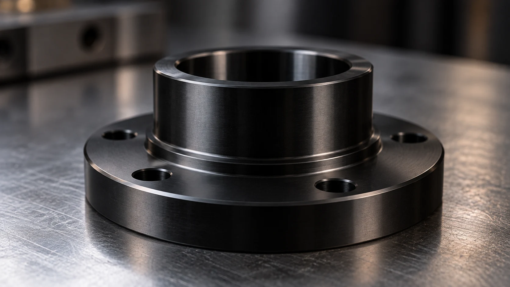 Black oxide finished precision-machined steel flange on a metal workbench