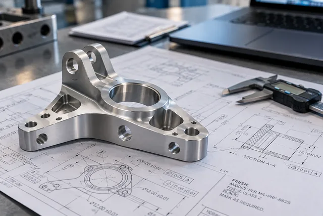 Machined aluminum component on an engineering drawing beside digital calipers and a laptop