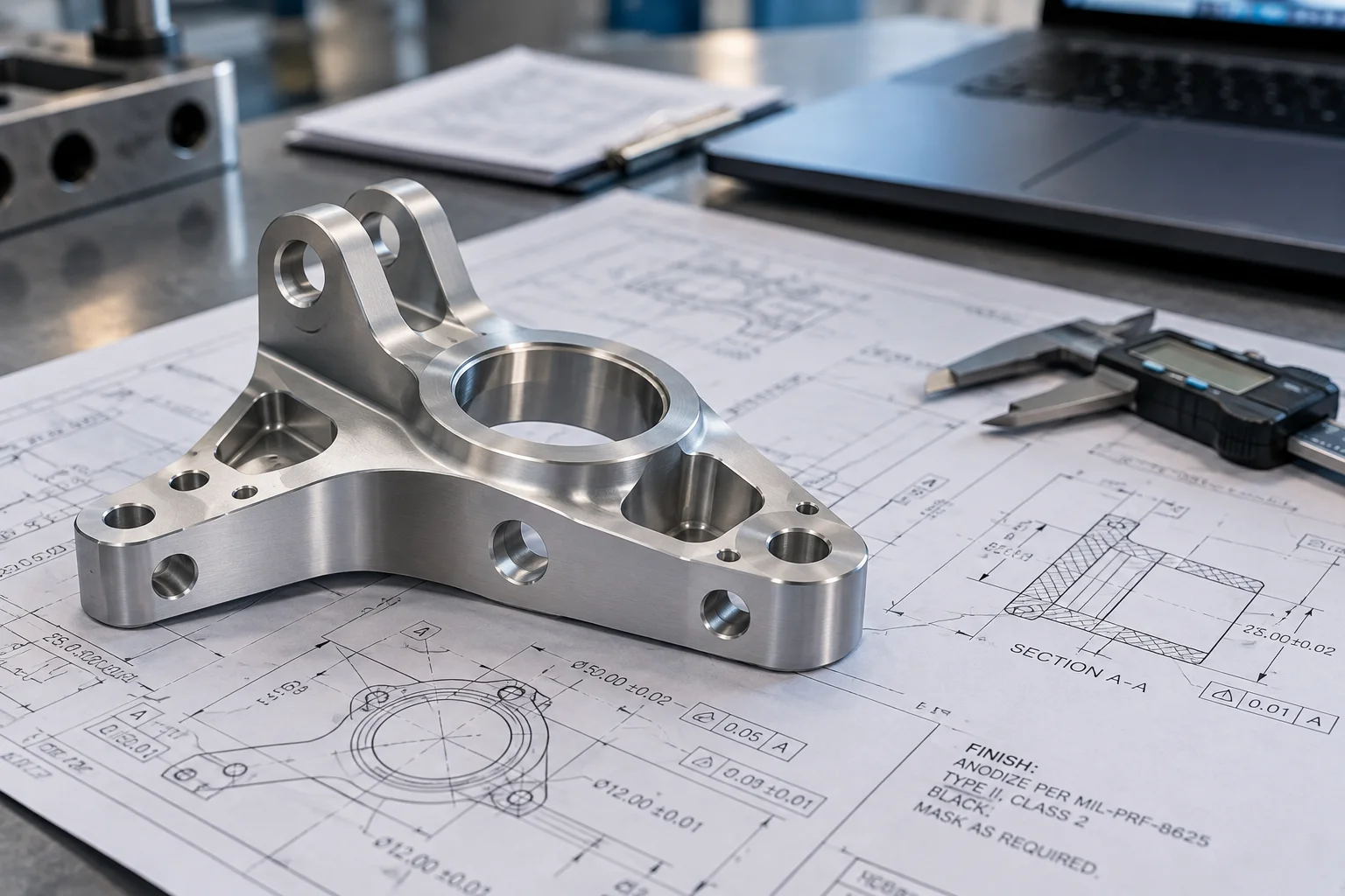 Machined aluminum component on an engineering drawing beside digital calipers and a laptop