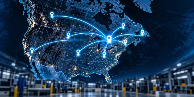 Map of North America with illuminated supply-chain connections above a manufacturing facility