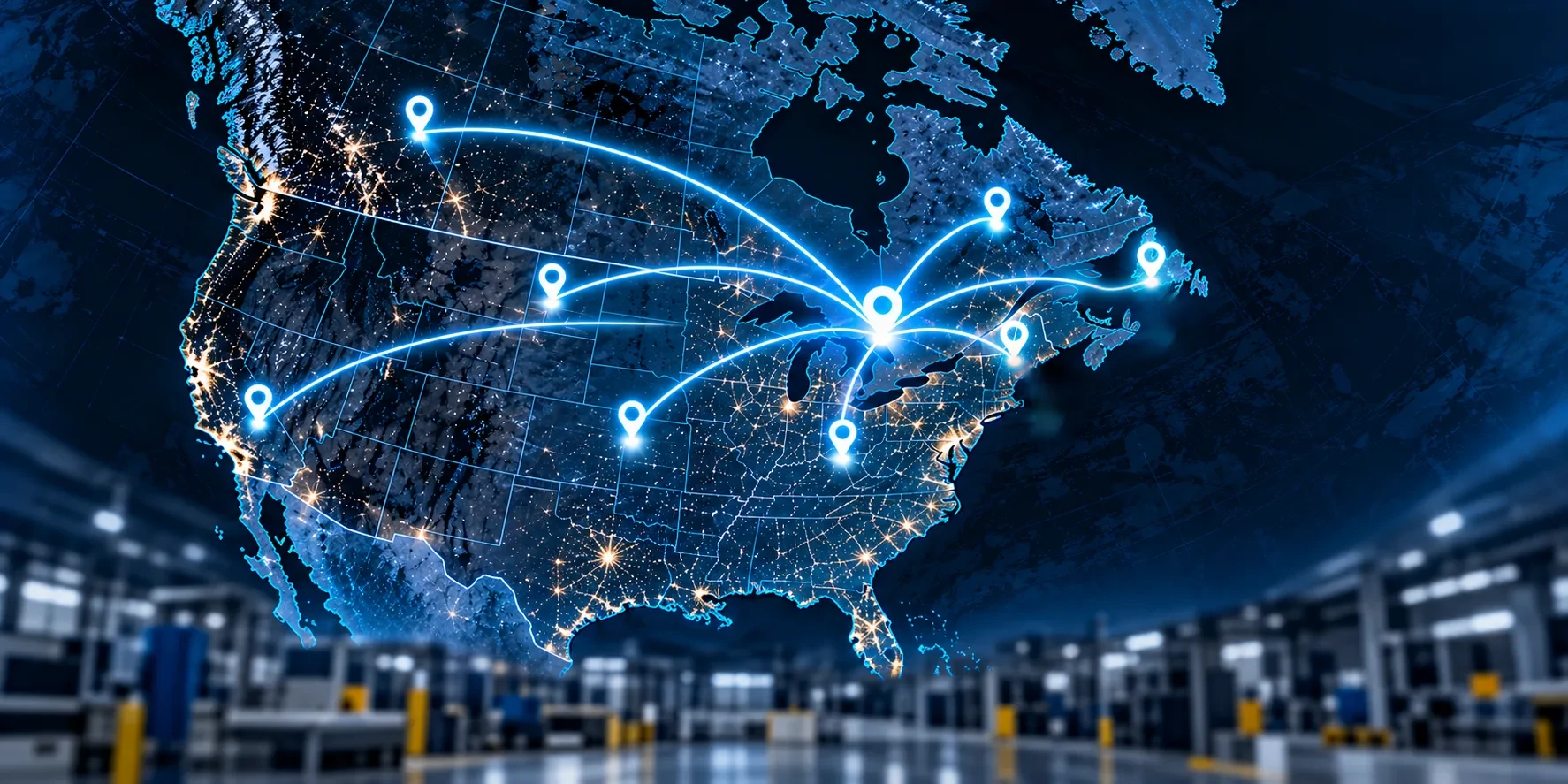 Map of North America with illuminated supply-chain connections above a manufacturing facility