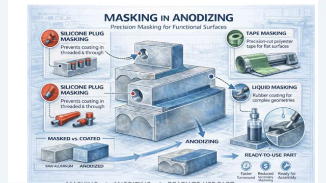 Masking in anodizing diagram showing silicone plugs, precision tape, liquid masking, and a ready-to-use anodized part