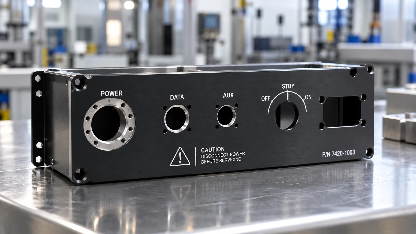 Black anodized aluminum enclosure with silk-screened POWER, DATA, AUX and STBY labels, a caution notice, and a part number on a shop table