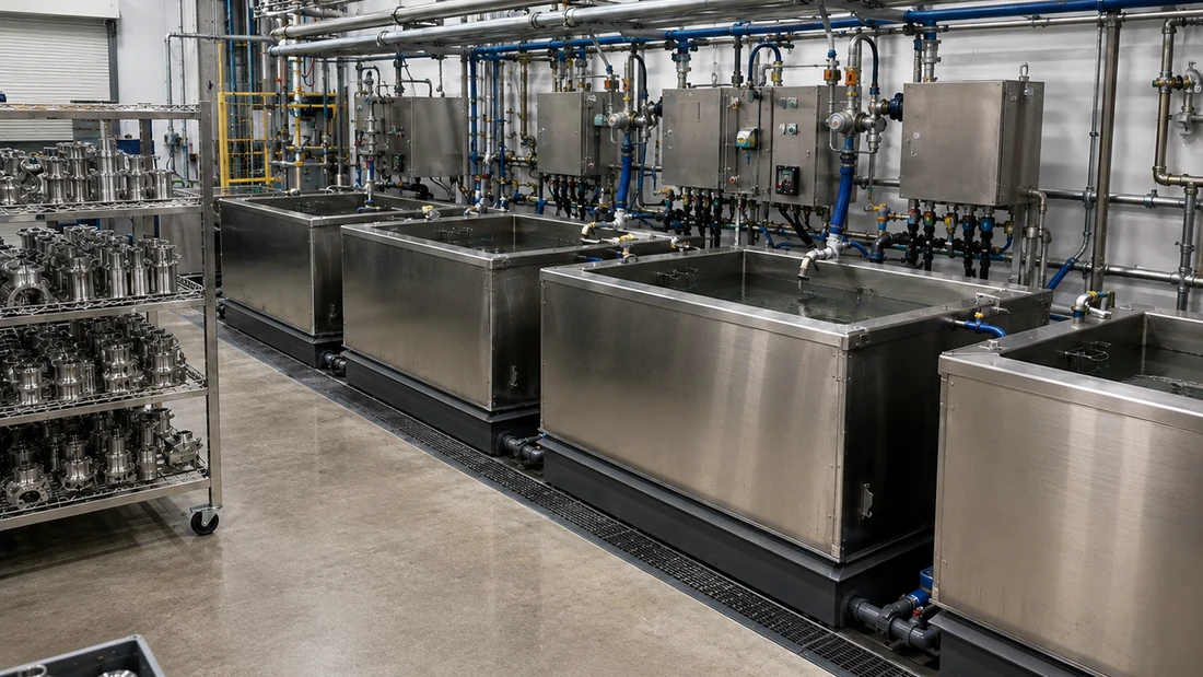 West-Tech passivation line with stainless steel process tanks and racks of machined components